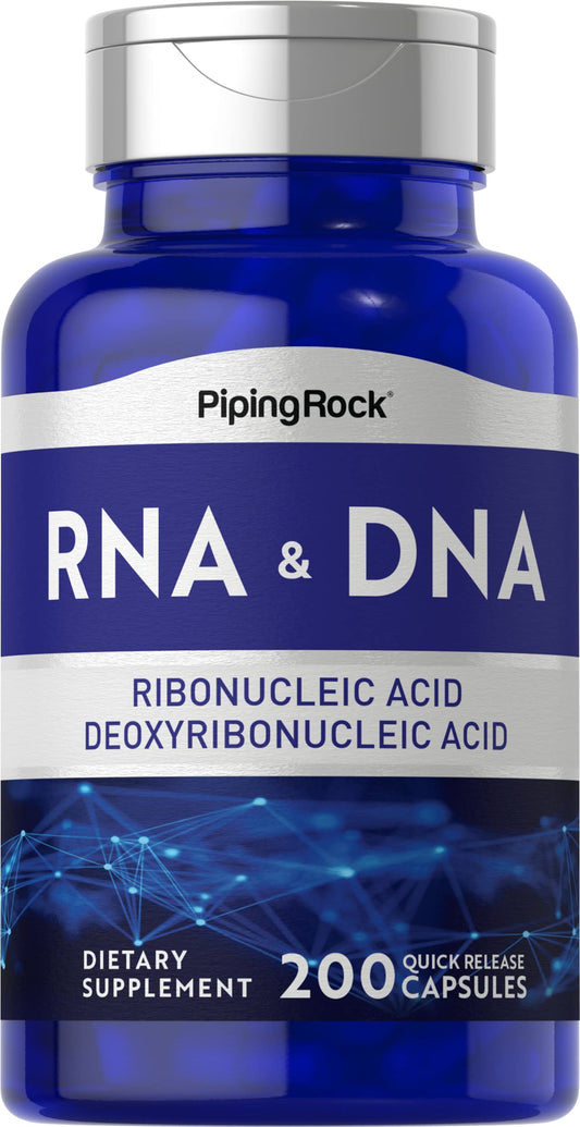 Piping Rock RNA DNA supplement bottle front with non-GMO and gluten-free badge.