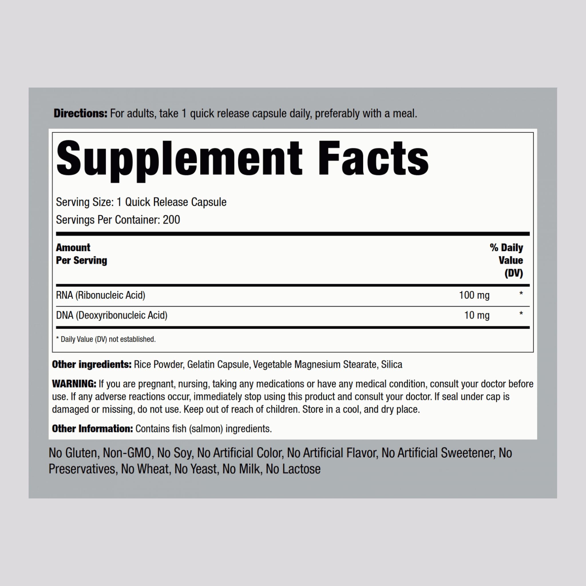 Piping Rock RNA DNA bottle side shows ingredient highlights for quick reference.