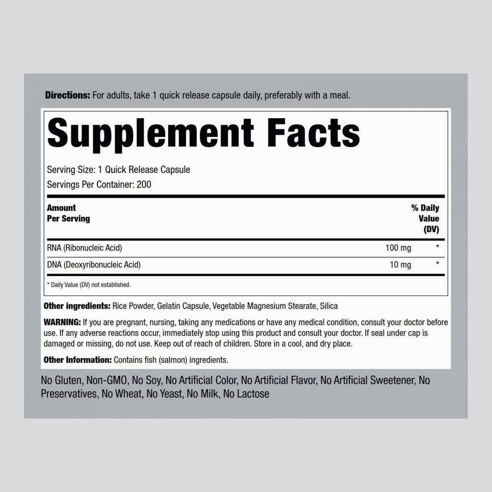 Piping Rock RNA DNA bottle side shows ingredient highlights for quick reference.