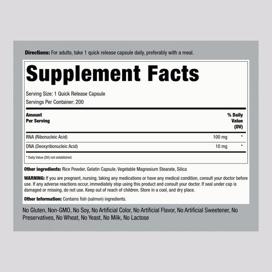 Piping Rock RNA DNA bottle side shows ingredient highlights for quick reference.
