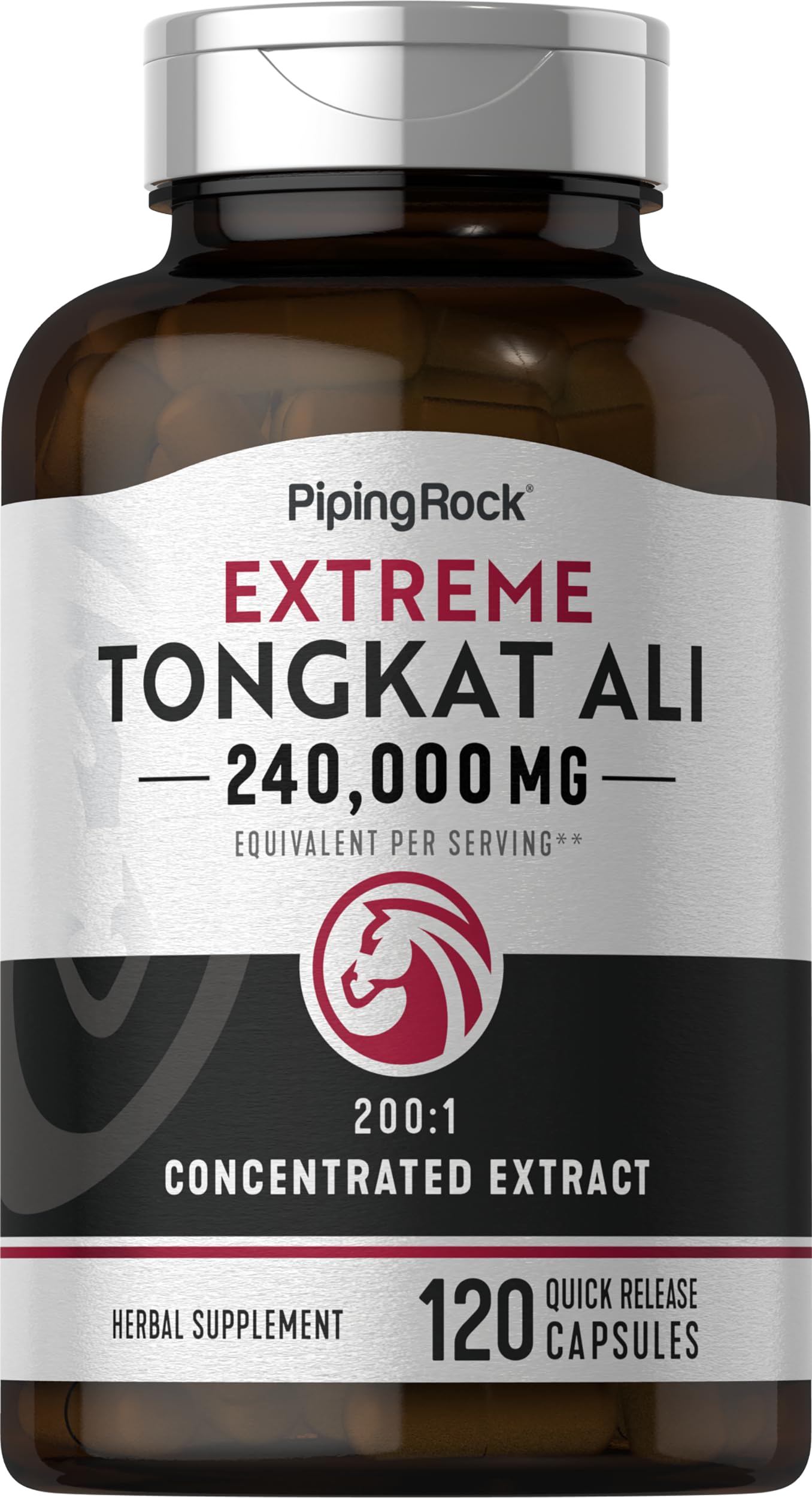 Piping Rock Tongkat Ali bottle front displaying 120 capsules for daily vitality