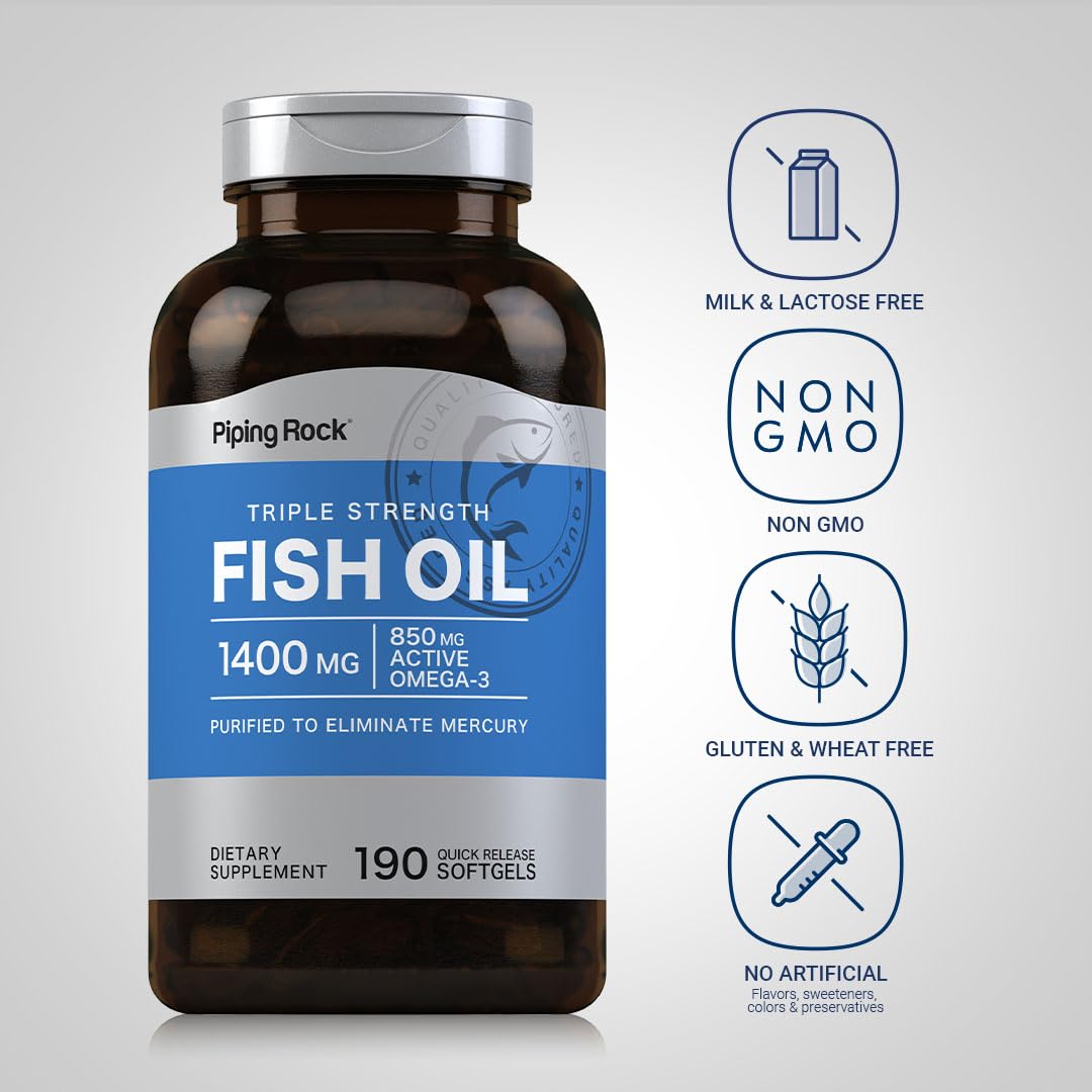 Piping Rock triple-strength fish oil packaging shows potency and purity.