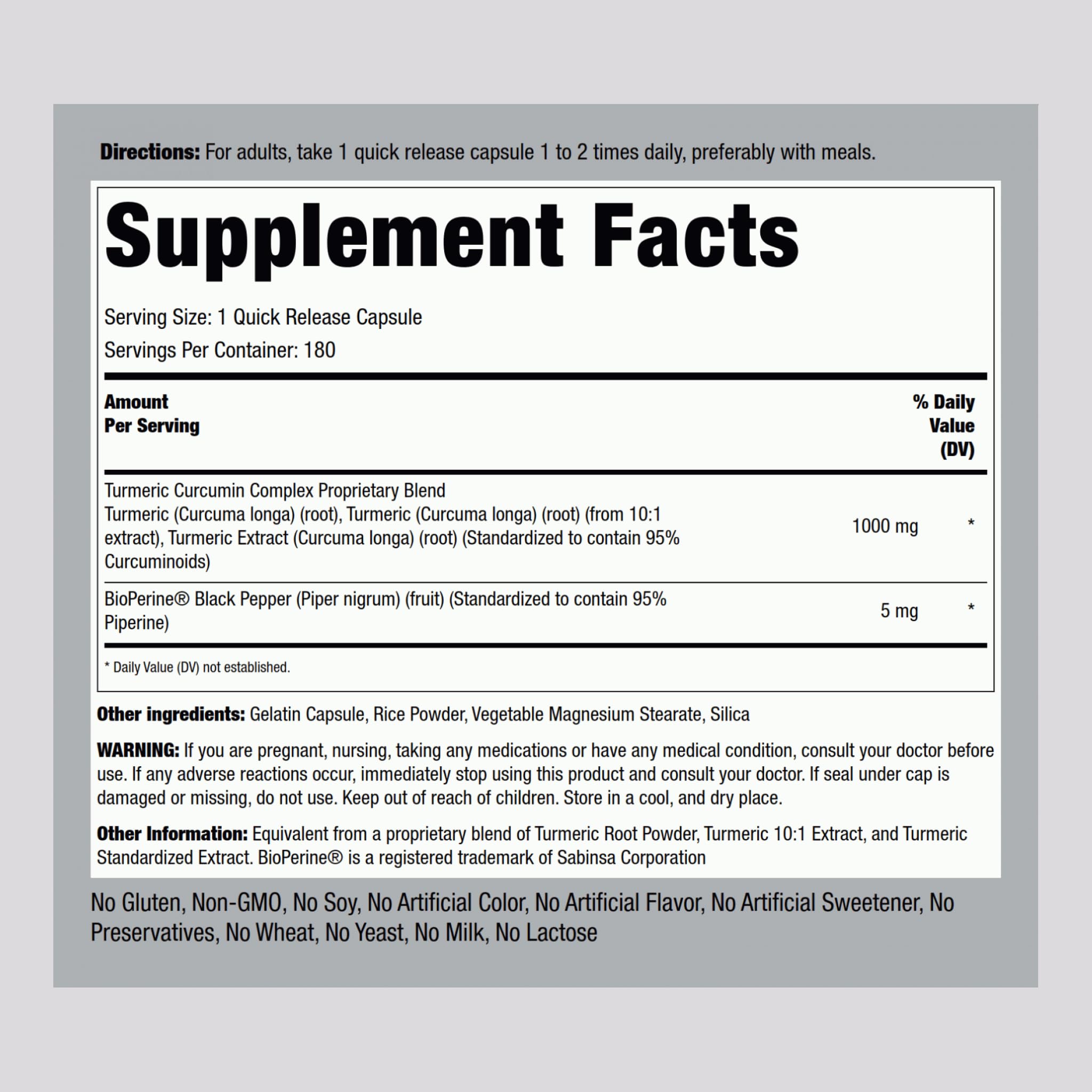 Piping Rock Turmeric Curcumin bottle back view with ingredients.