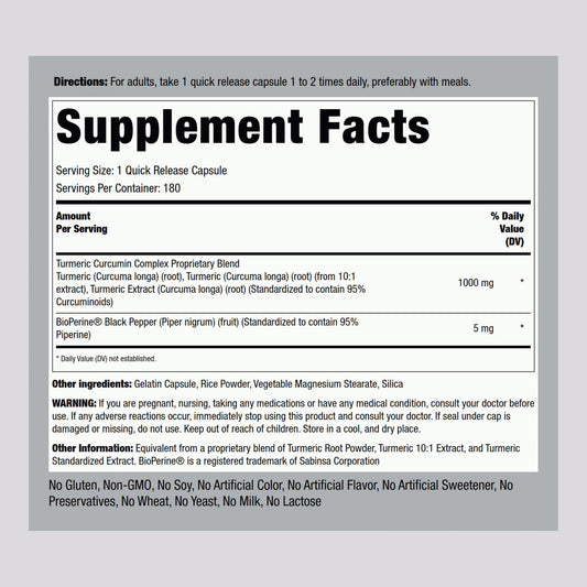 Piping Rock Turmeric Curcumin bottle back view with ingredients.