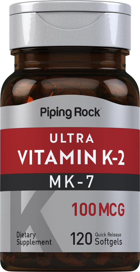Piping Rock Vitamin K2 MK7 100 mcg bottle for daily wellness routines.