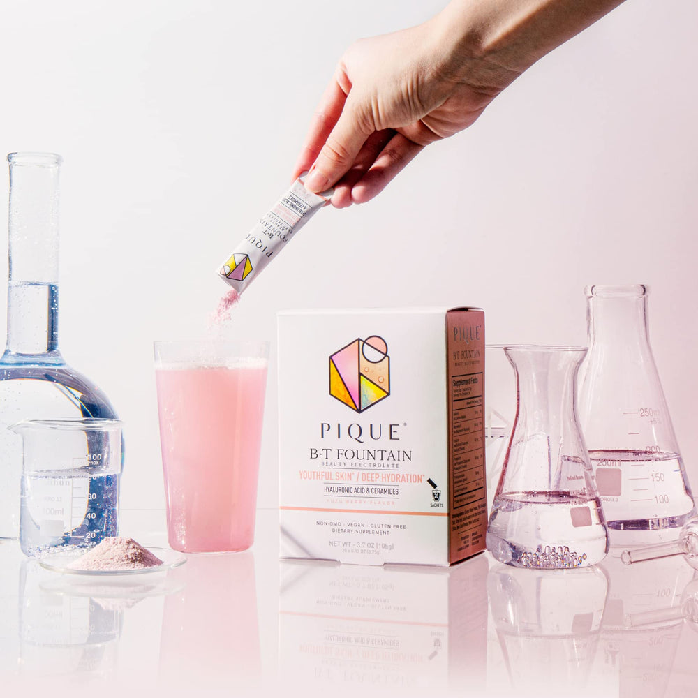 PIQUE BT Fountain Beauty hyaluronic acid graphic highlighting skin hydration ingredients