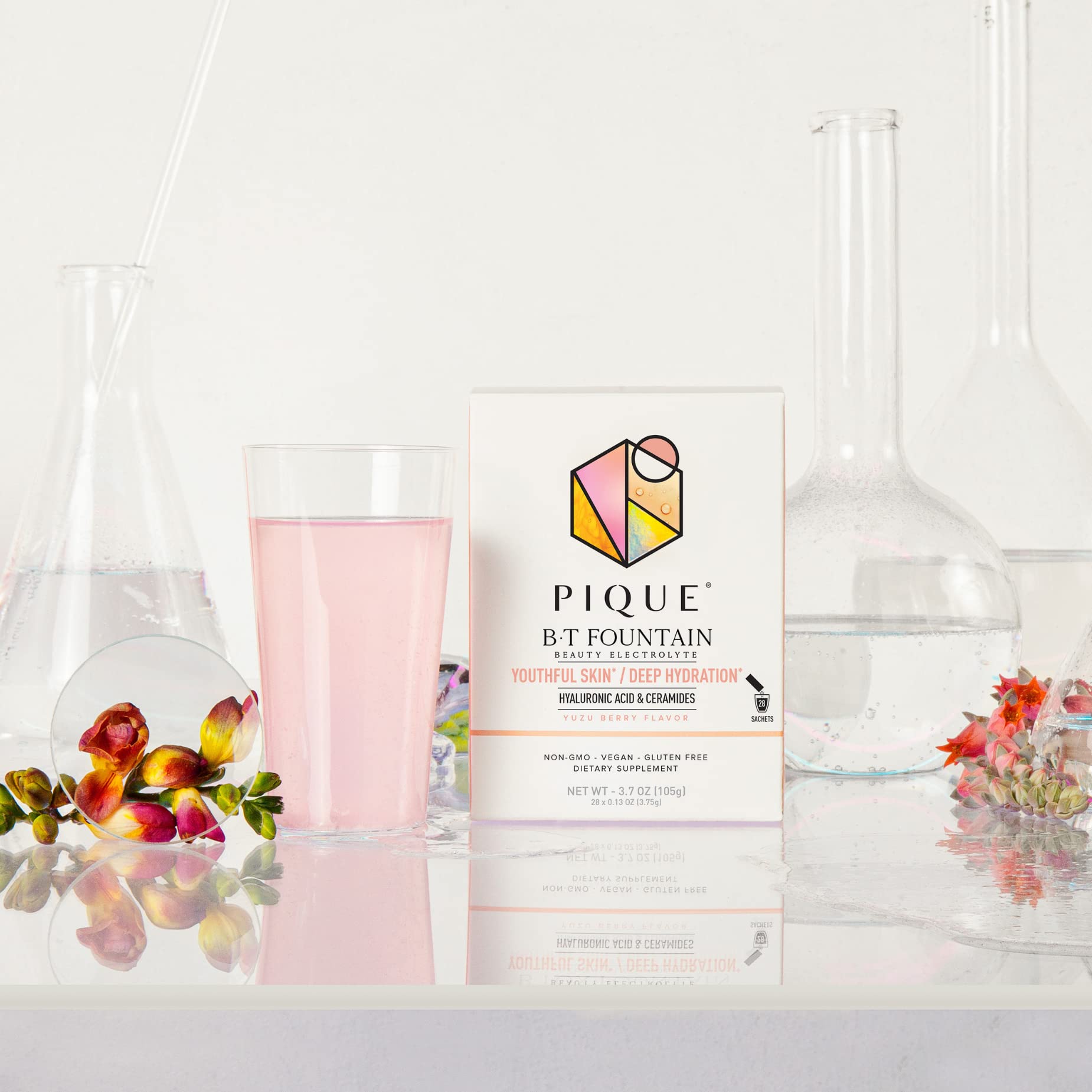 PIQUE BT Fountain Beauty travel shot conveying portable hydration for workouts