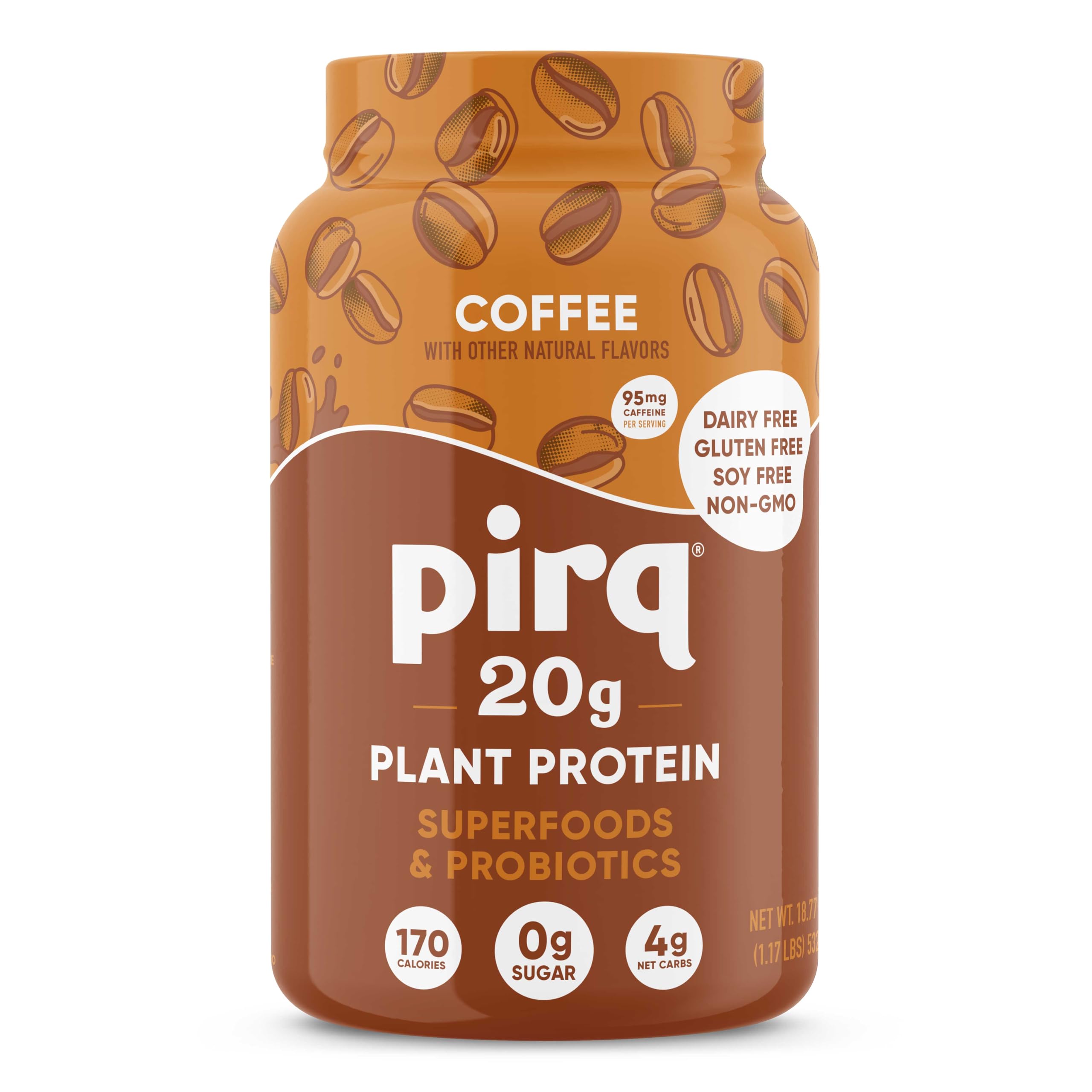 Pirq Dairy Free Protein Powder coffee tub highlights plant-based nutrition for on-the-go needs.