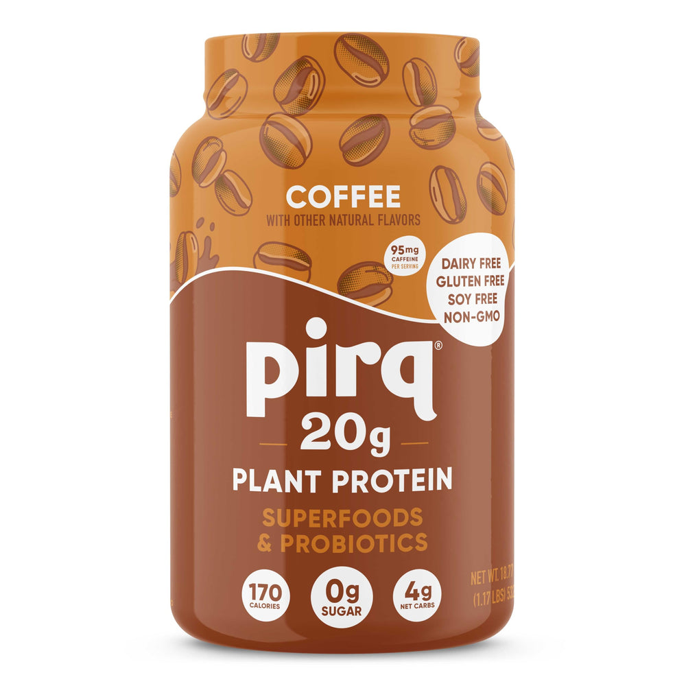 Pirq Dairy Free Protein Powder coffee tub highlights plant-based nutrition for on-the-go needs.