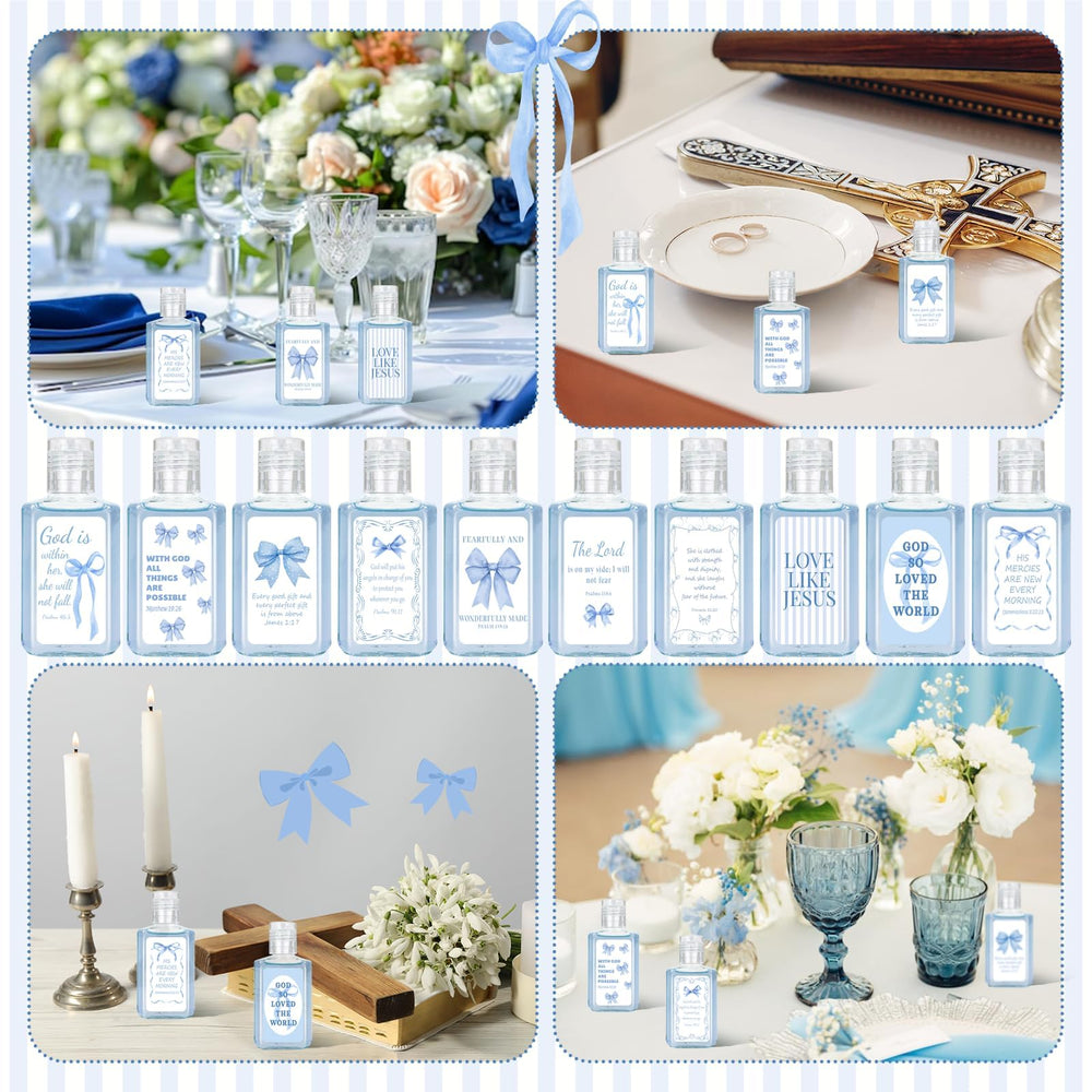 Piuaeue 50-pcs bundle of blue bow hand sanitizers for gifting.