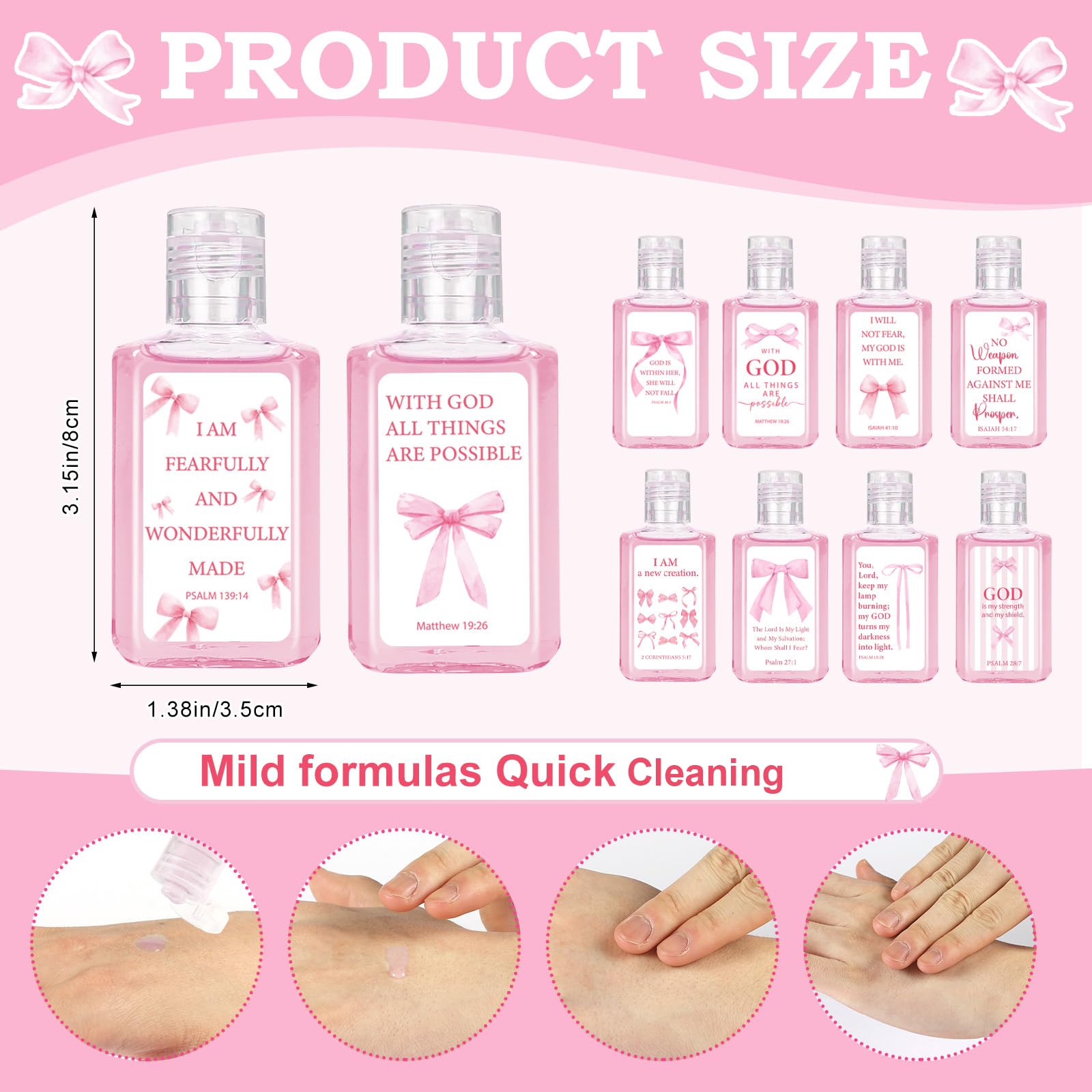 Piuaeue bible-verse mini hand sanitizer pink bow, inspires daily reflection while staying clean.