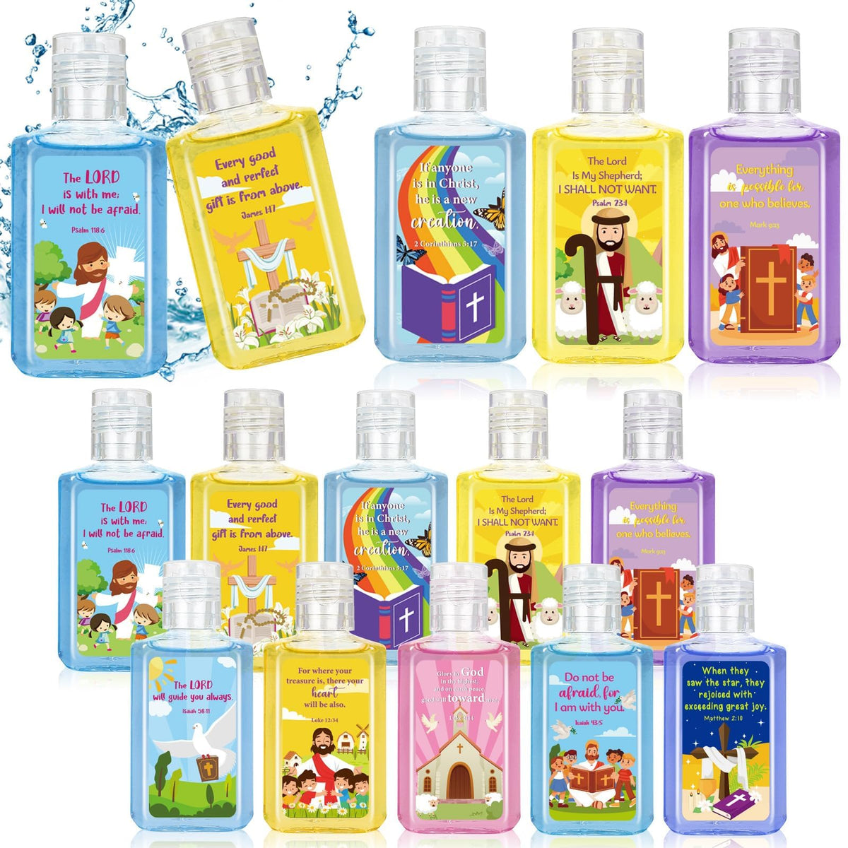 Piuaeue cartoon Bible theme hand sanitizer in a portable 1oz bottle for on-the-go cleaning.