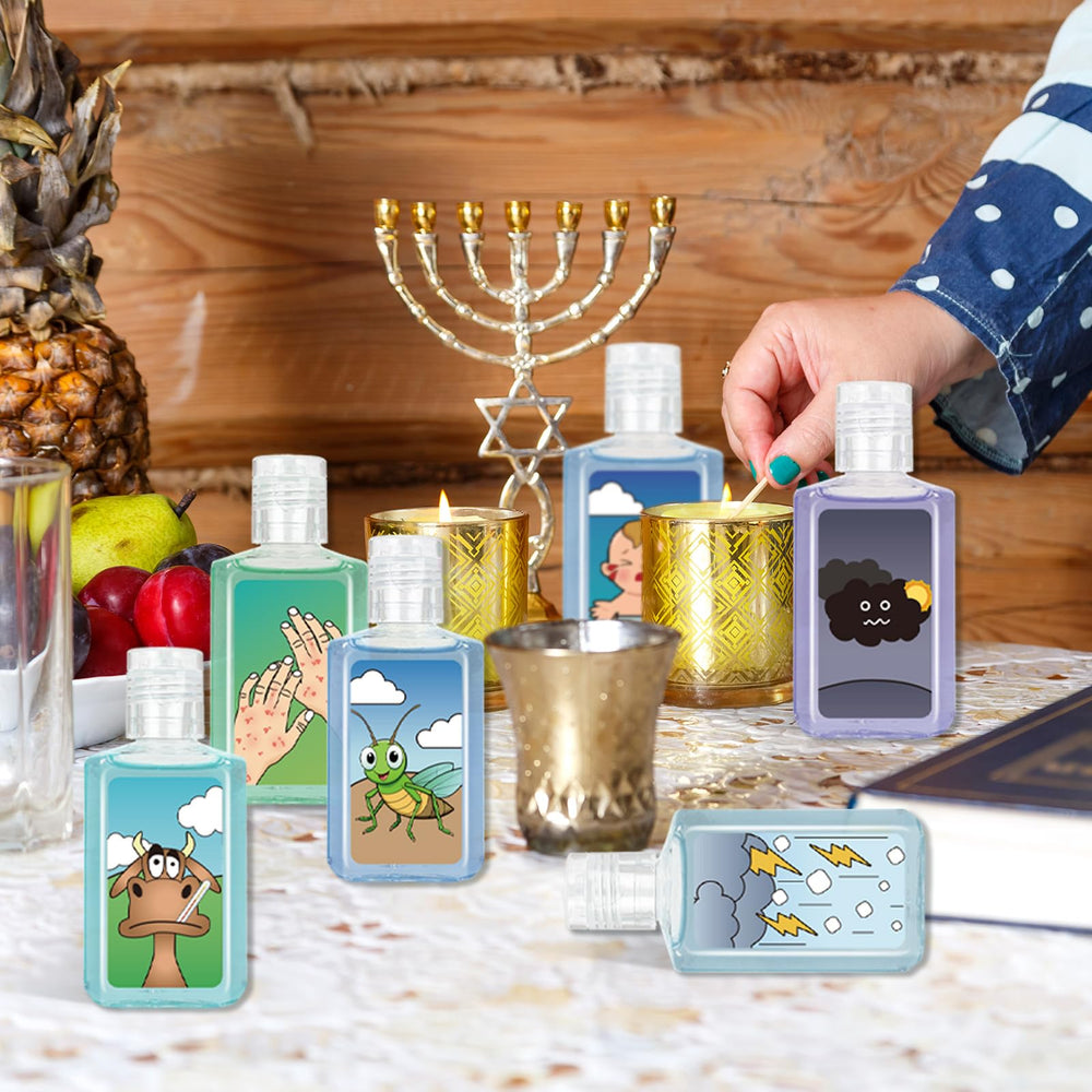 Piuaeue Passover mini hand sanitizer featuring Ten Plagues art, great for gift bags.