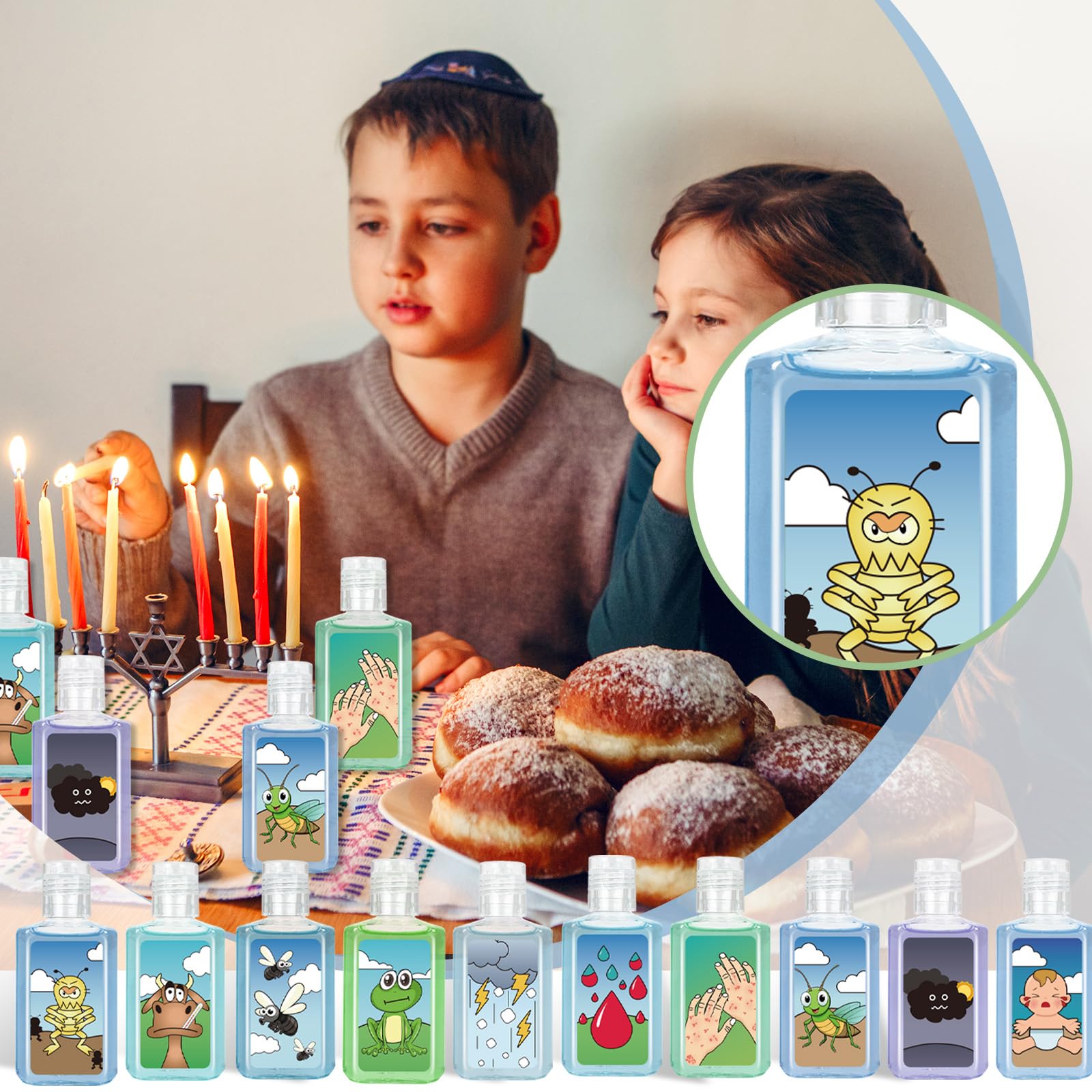 Piuaeue Passover mini sanitizer with Ten Plagues motif, great for teaching conversations.