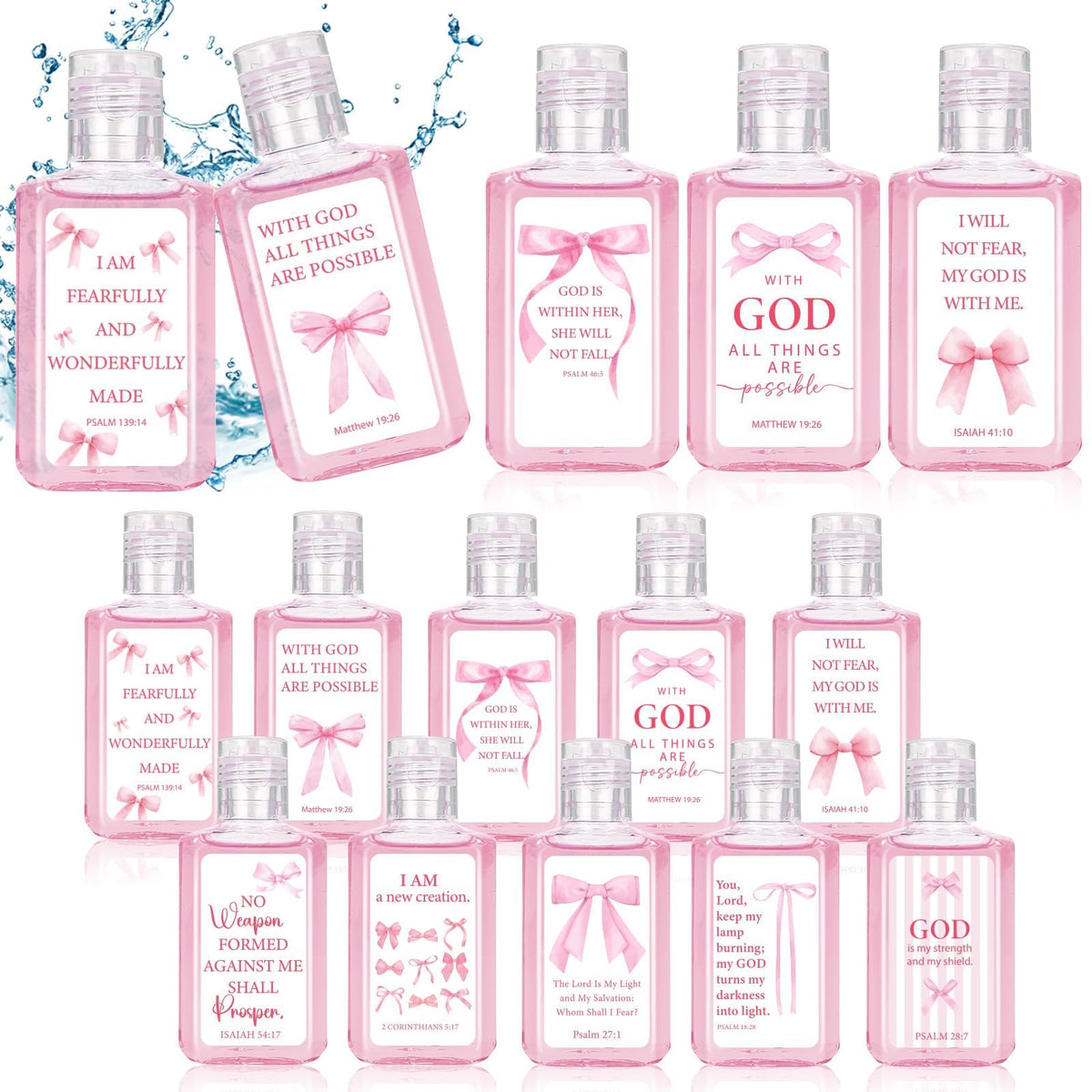 Piuaeue pink bow bible hand sanitizer, compact and travel-friendly for on-the-go cleansing.