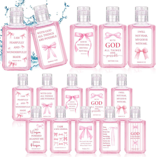 Piuaeue pink bow bible hand sanitizer, compact and travel-friendly for on-the-go cleansing.
