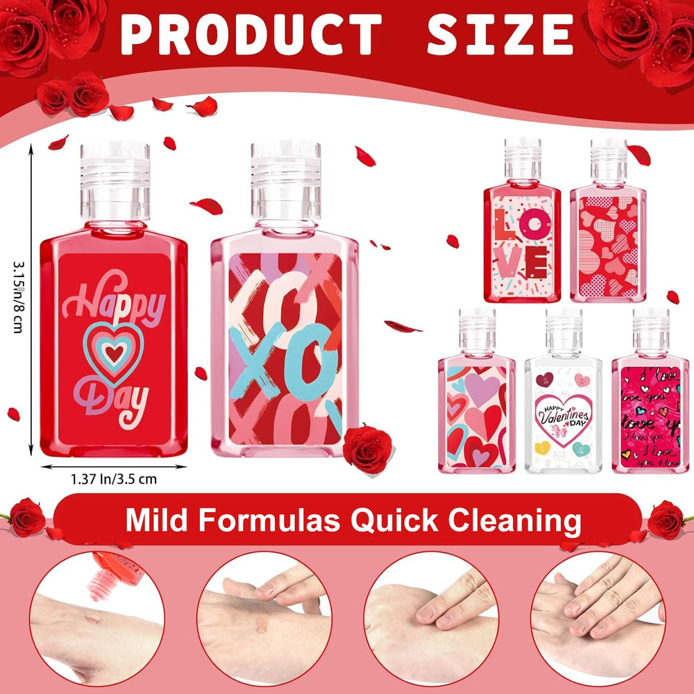Piuaeue Valentines graphic sticker designs adorn each sanitizer for festive appeal.