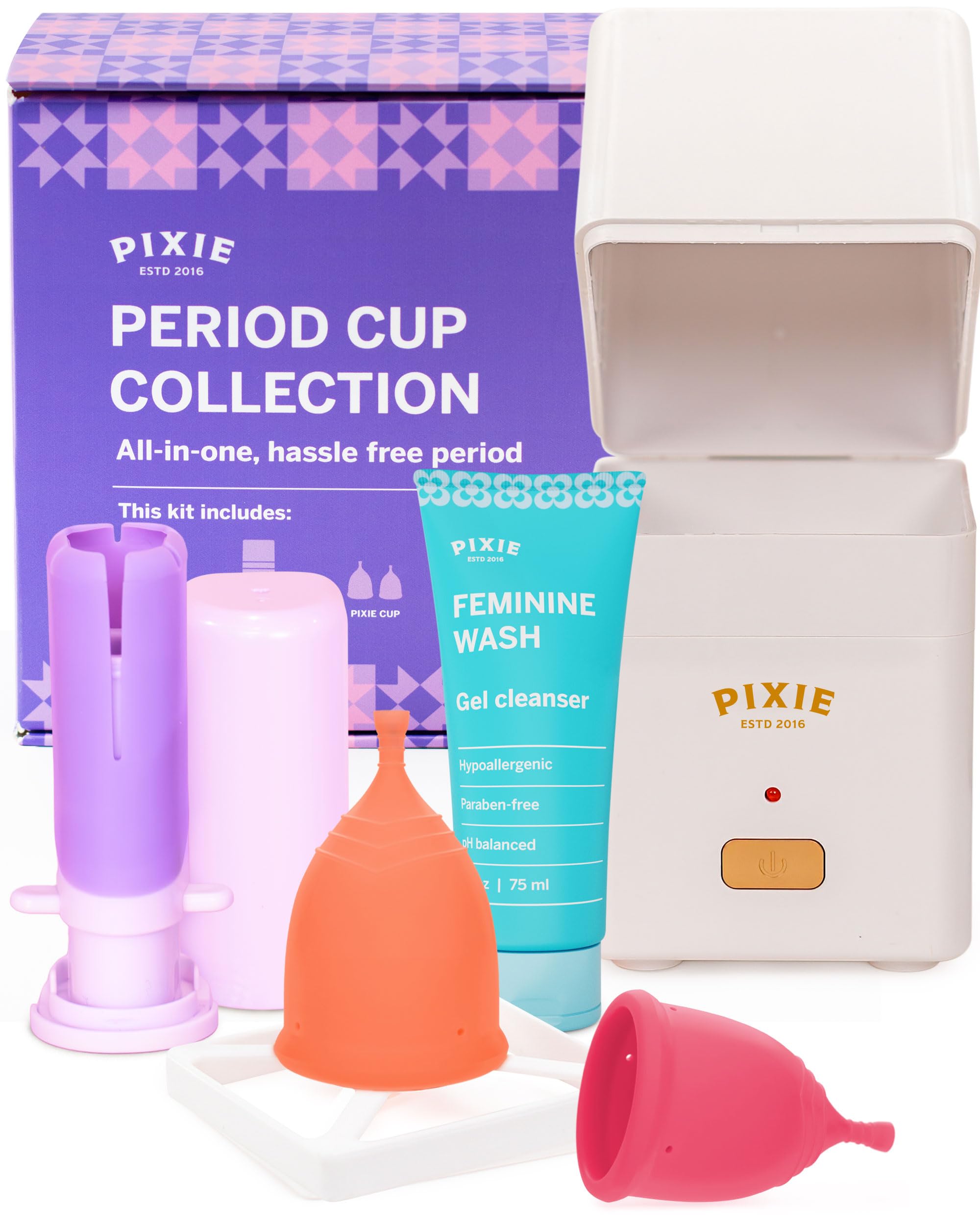Pixie Cup collection kit with cups and accessories for easy period care.