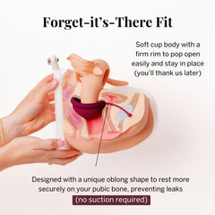Pixie Cup fits on the pubic bone for secure wear.