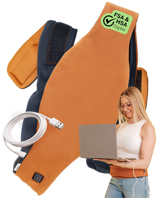 Pixie Cup heating pad worn at the abdomen for targeted cramps relief.