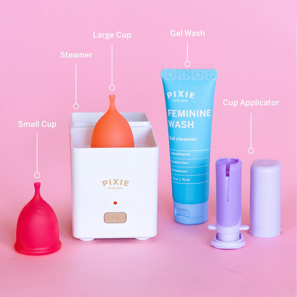 Size comparison of Pixie Cup S and L for comfortable fit.