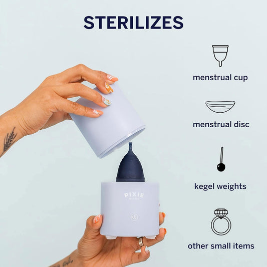 Pixie Cup sterilizer shows the sensor on-off button for easy control.