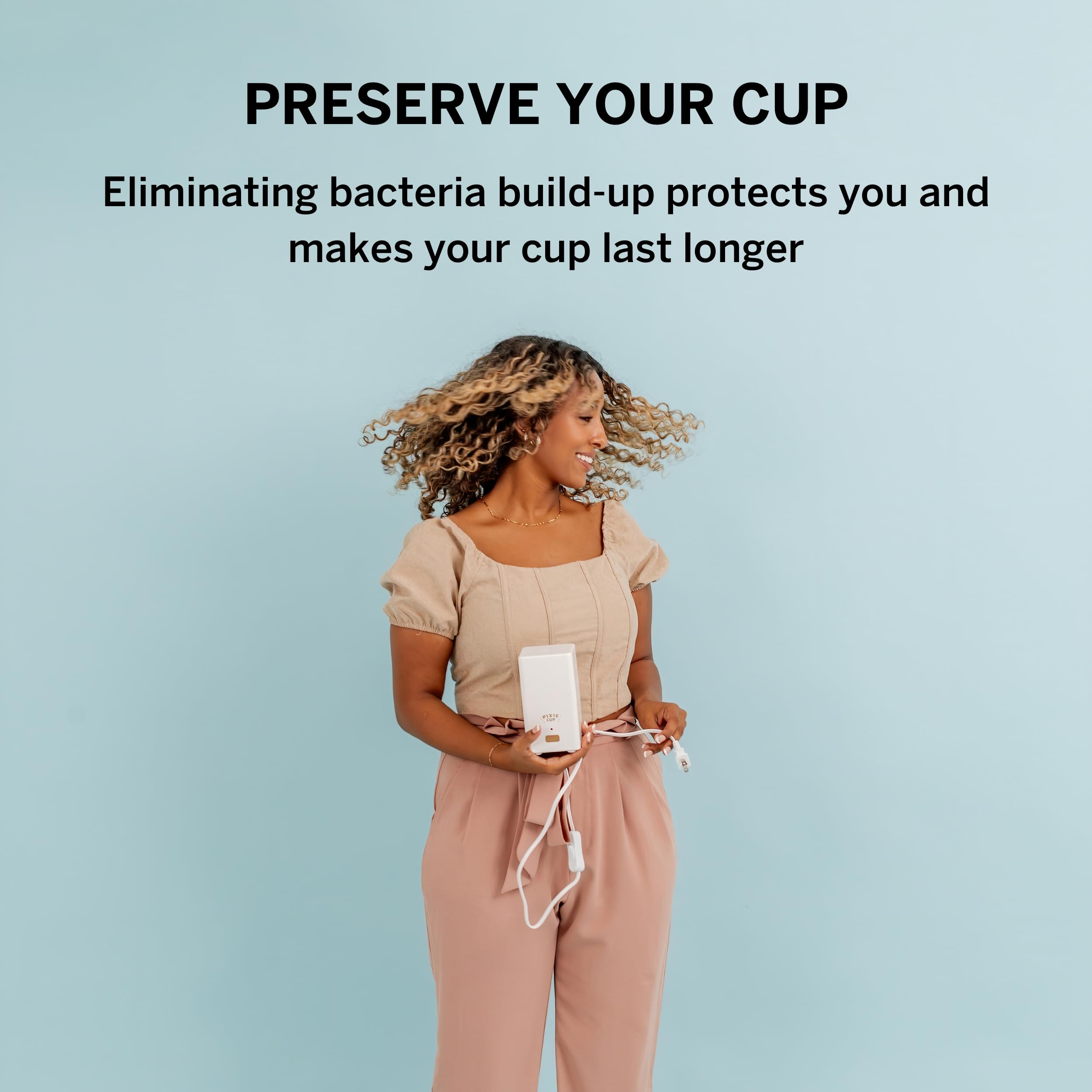 Pixie Cup steam cleaner BPA-free label highlighting chemical-free cleaning.