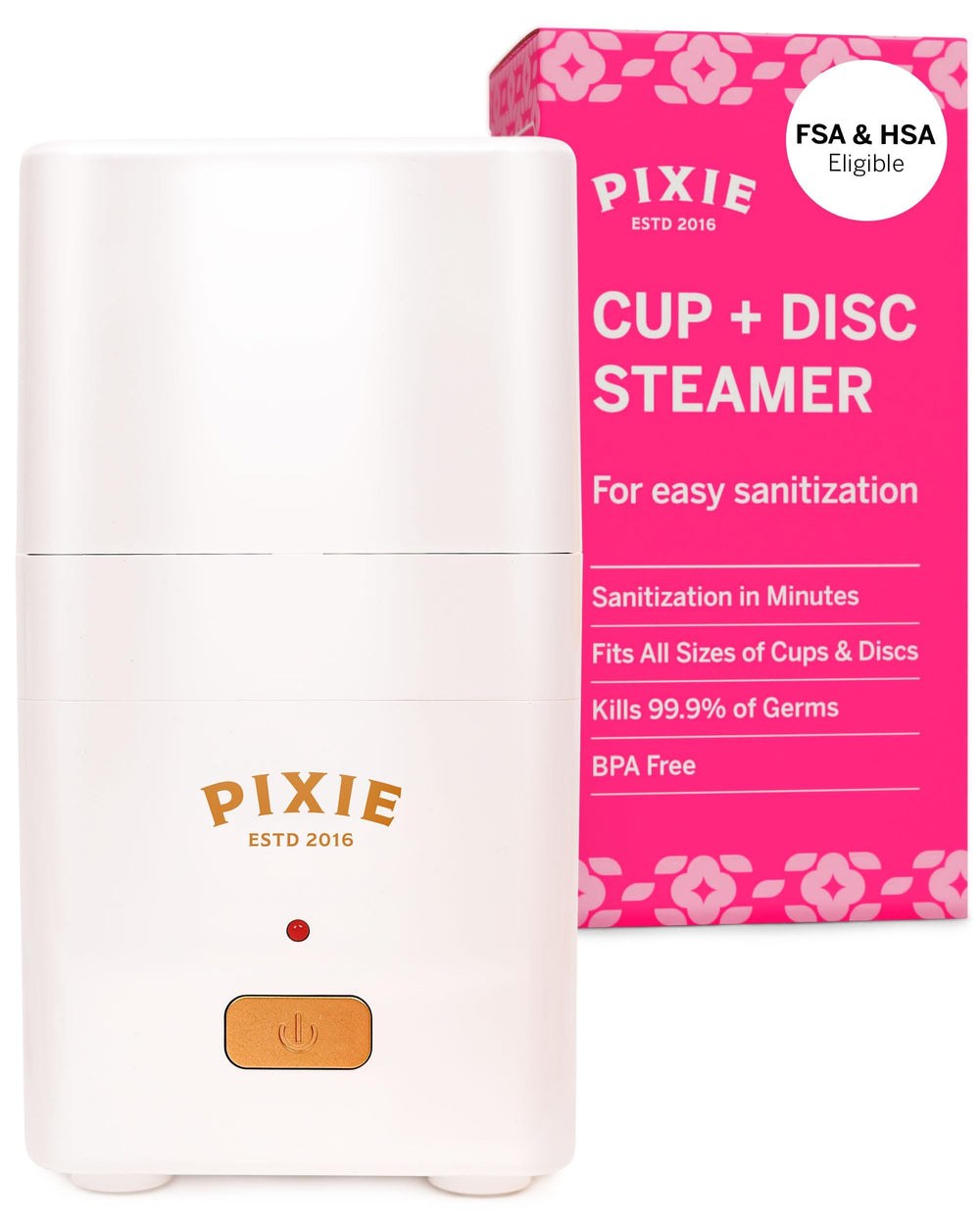 Pixie Cup steam cleaner front view, dorm-friendly compact design for discreet cleaning.