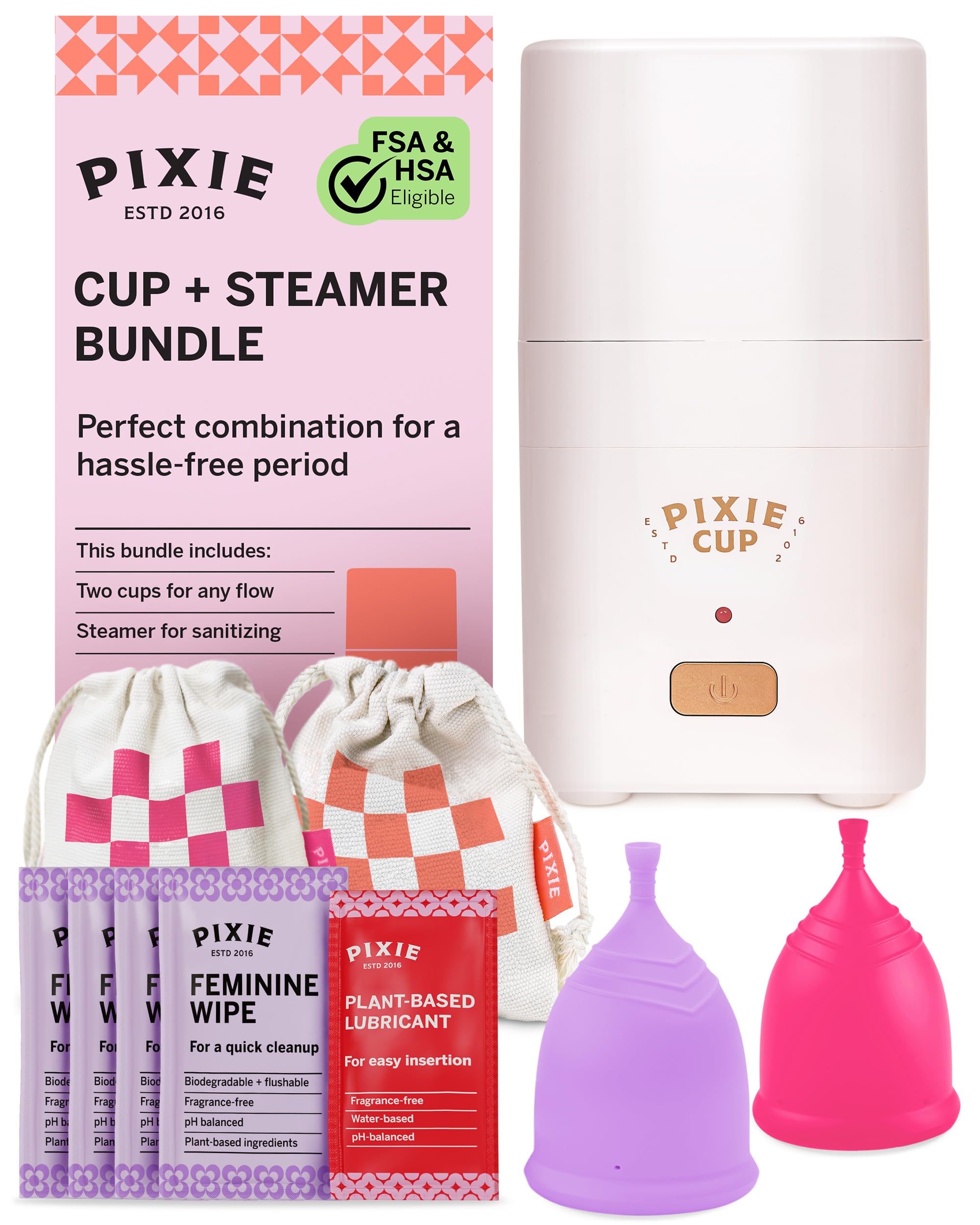Pixie Cup sterilizer in action, fast 3-minute steam cleaning.