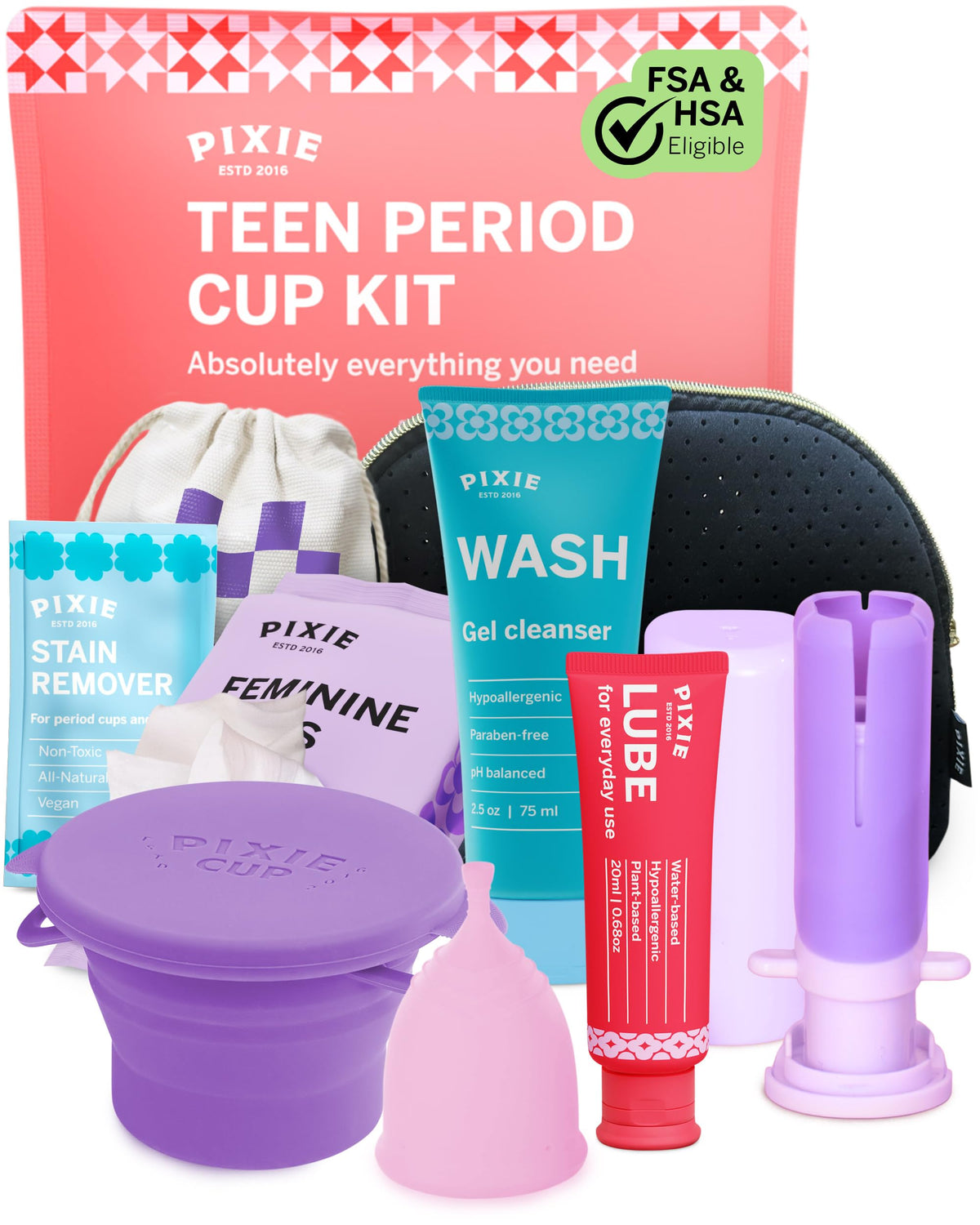 Pixie Cup Teen Kit showing an all‑in‑one starter set for teens