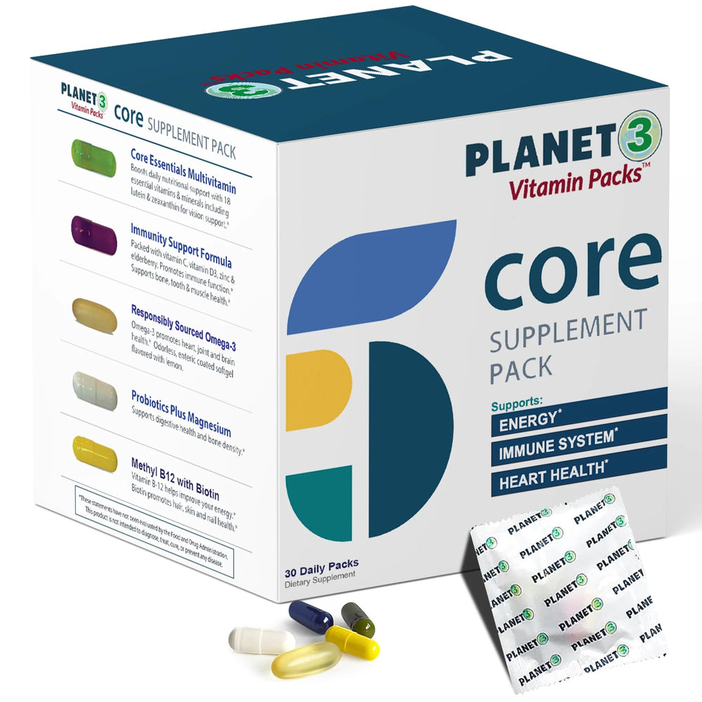 Planet 3 vitamin bottle shown with daily packs for a simple morning routine.