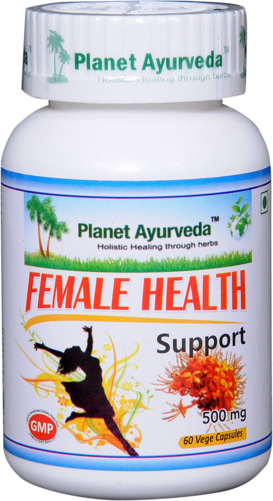 Planet Ayurveda Female Health Support capsules close-up, vegan capsules for daily wellness.