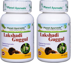 Planet Ayurveda Lakshadi Guggul bottle packshot showing dual bottles for joint support
