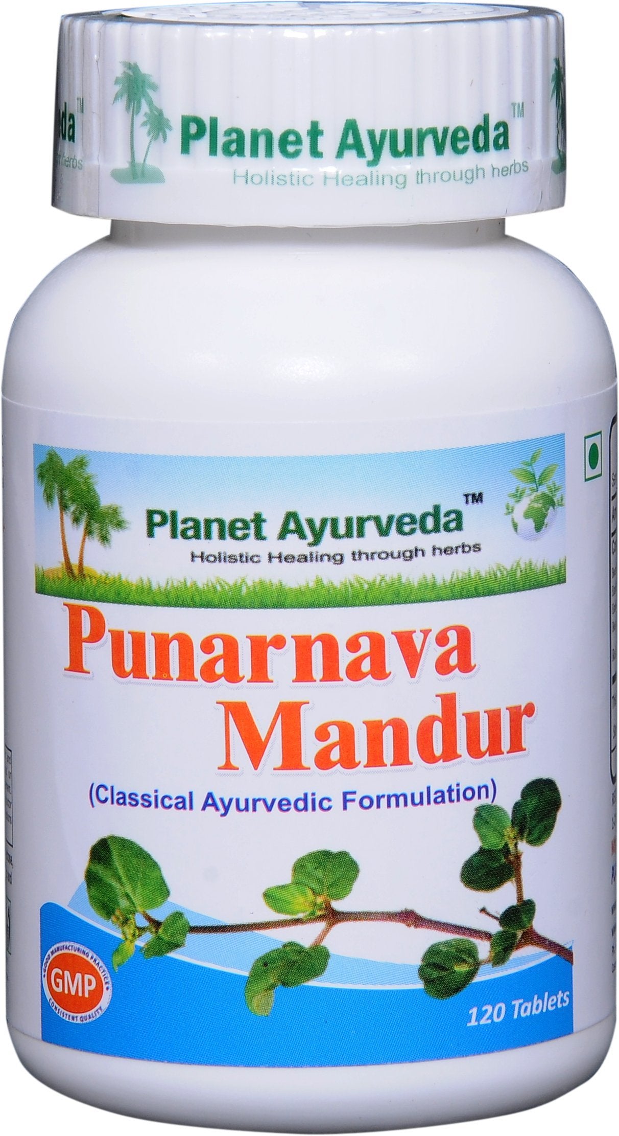 Planet Ayurveda Punarnava Mandur bottle side view highlighting natural herbal blend for wellness
