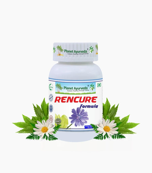 Planet Ayurveda Rencure Formula bottle promotes daily plant-based wellness and vitality