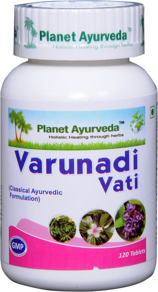 Planet Ayurveda Varunadi Vati bottle label highlighting herbal formulation.