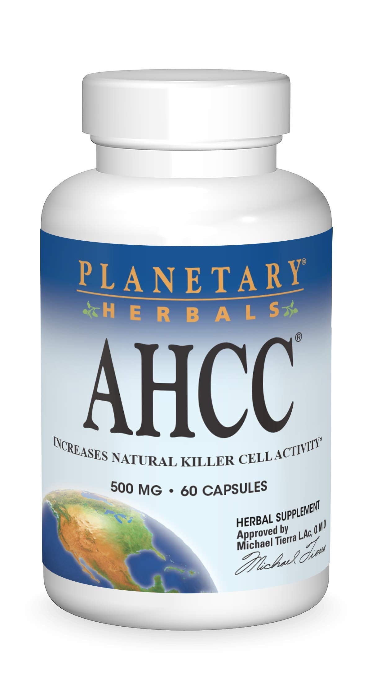 Planetary Herbals AHCC 500mg bottle front view for daily immune support.