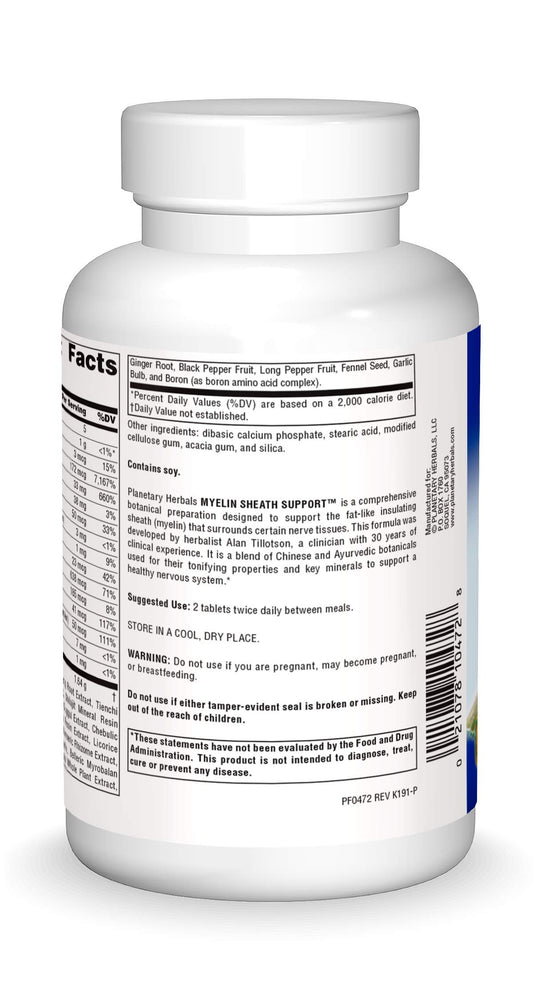 Planetary Herbals Myelin Sheath Support tablets close-up highlighting herbal-nutrient formula for balance