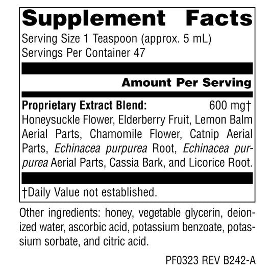 Well Child syrup being poured, easy dosing for children 1–5 years.