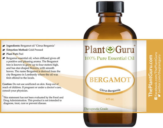 Plant Guru Bergamot essential oil amber bottle pour highlighting vibrant citrus aroma