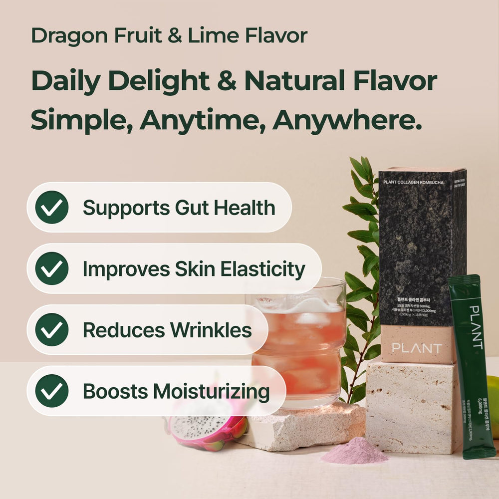 PLANT kombucha powder packets showcasing on-the-go digestive health boost.
