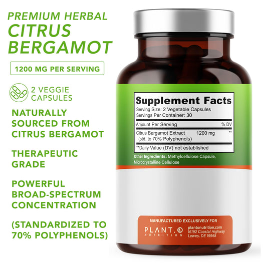 PLANT.O NUTRITION Citrus Bergamot bottle back view showing ingredients and purity