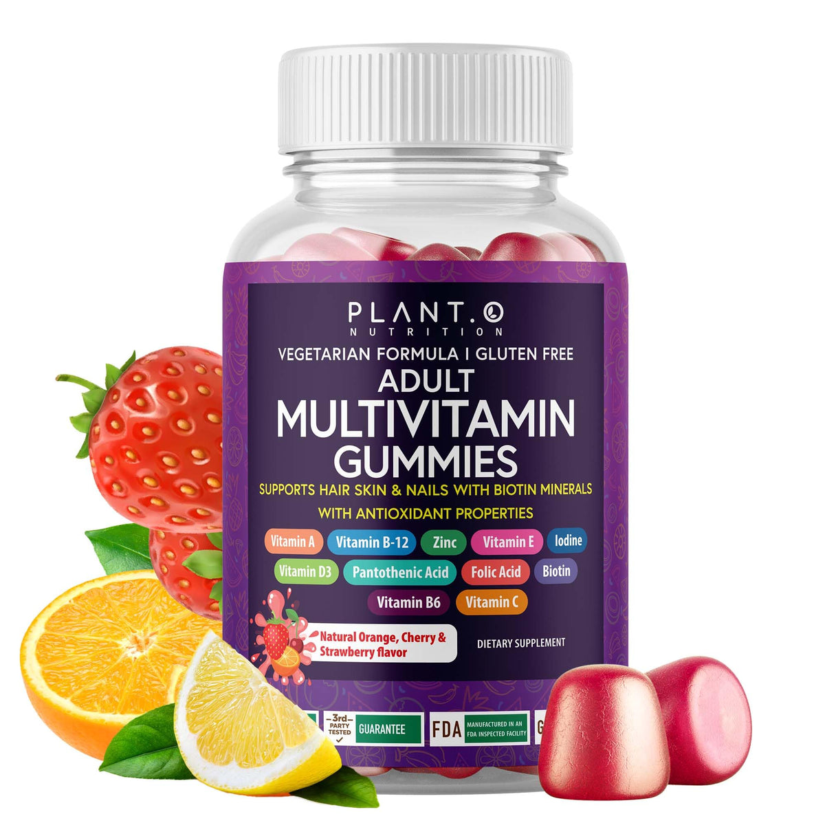 Plant.O Nutrition complete multivitamin gummies bottle supports daily energy and immune wellness.
