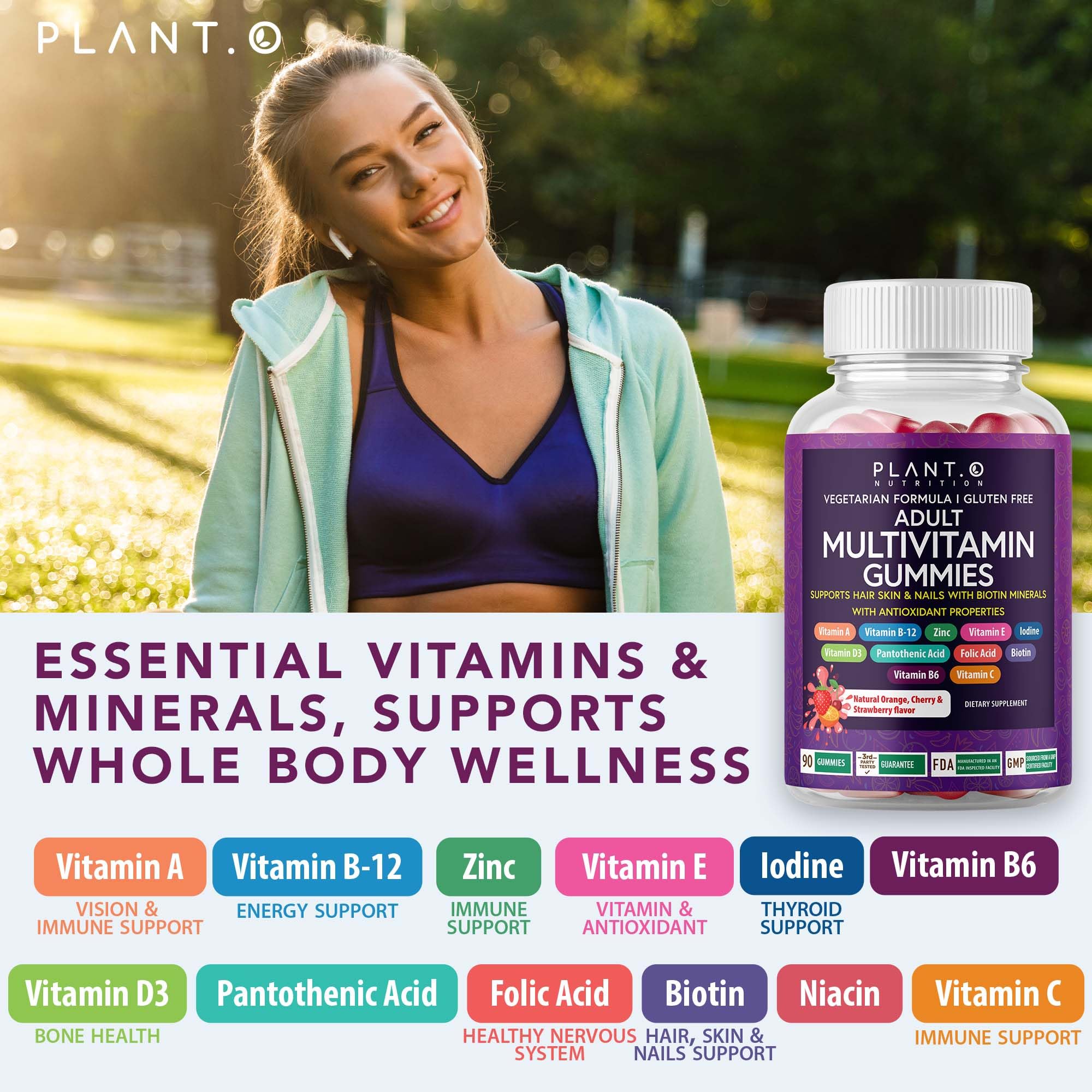 Serving scene of PLANT.O NUTRITION gummies for convenient daily nutrition.