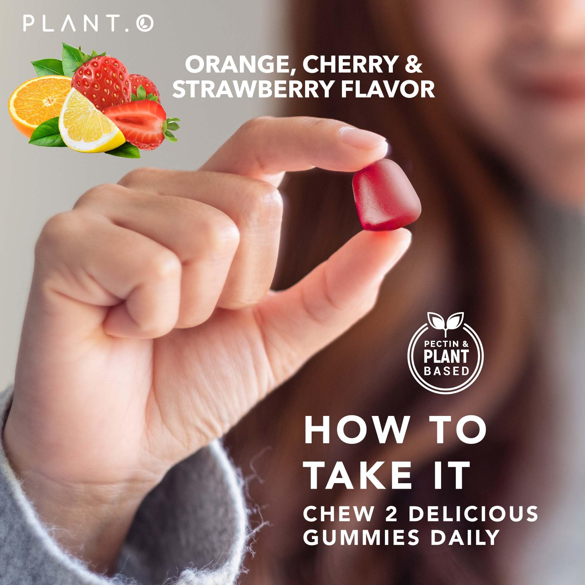 Veggie formula PLANT.O NUTRITION gummies in a natural presentation.