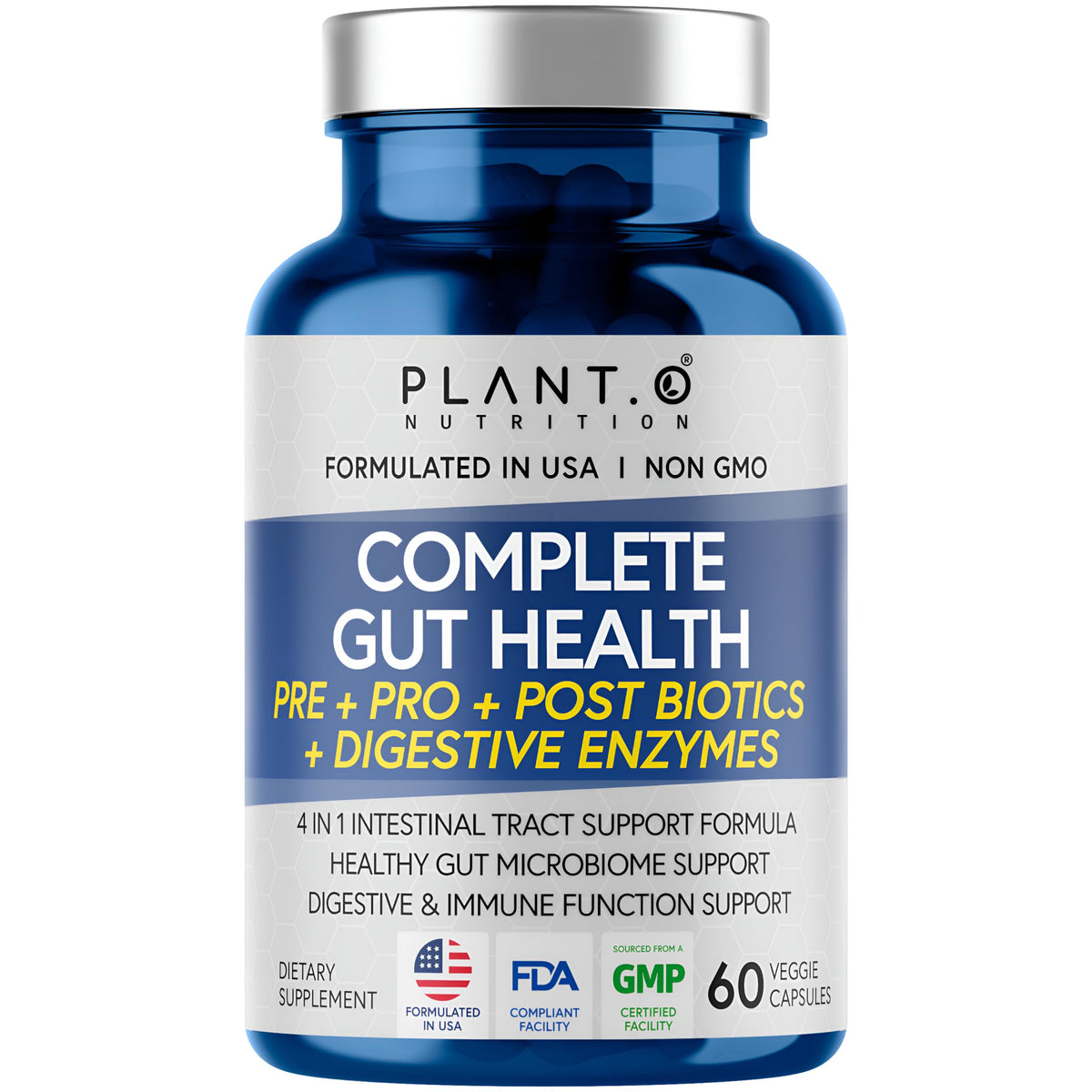Plant.O Nutrition Gut Complex bottle showcases the complete 4‑in‑1 formula for daily gut support.