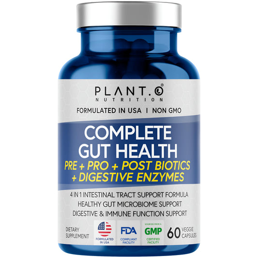 Plant.O Nutrition Gut Complex bottle showcases the complete 4‑in‑1 formula for daily gut support.