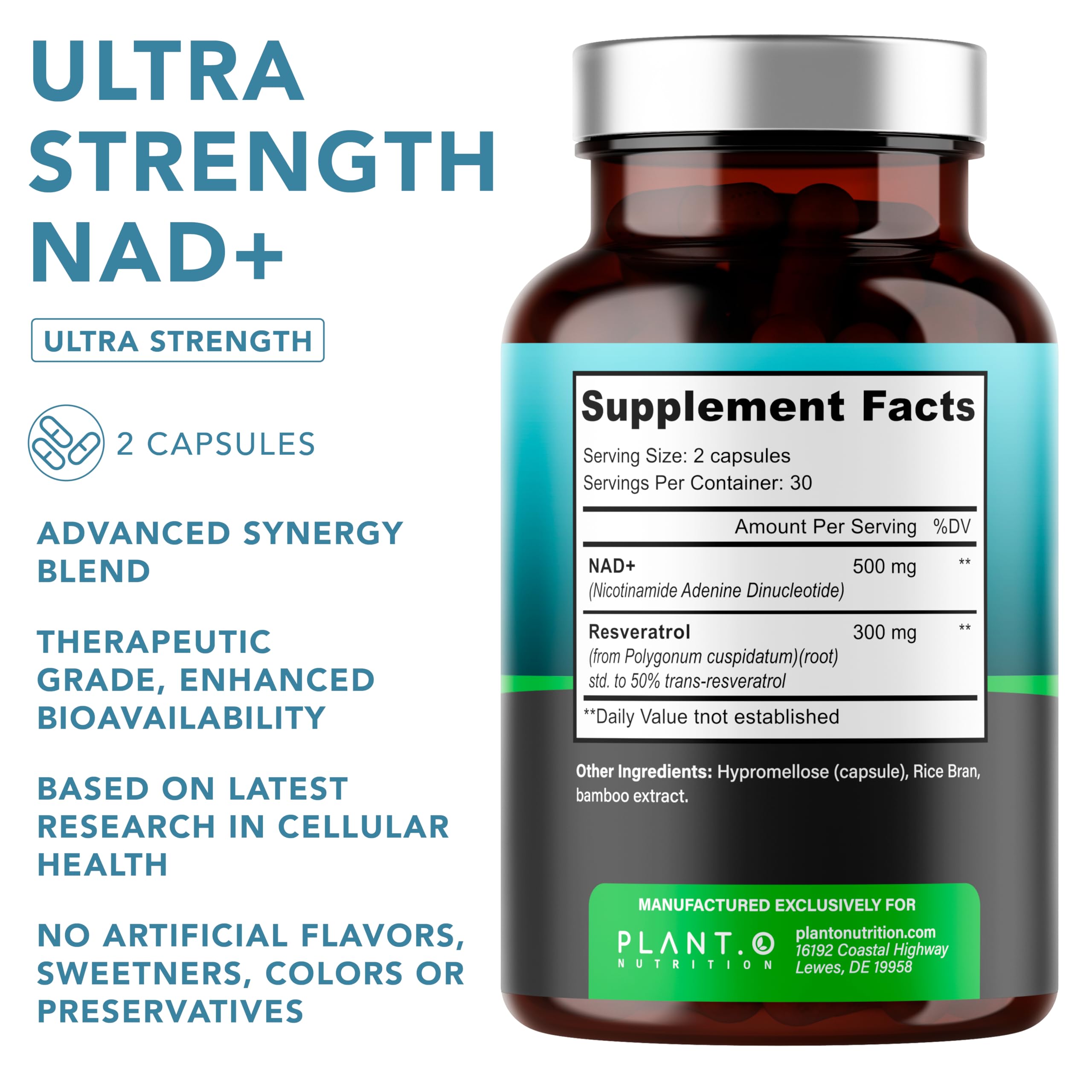 PLANT.O NUTRITION NAD+ resveratrol capsules ready for daily use.