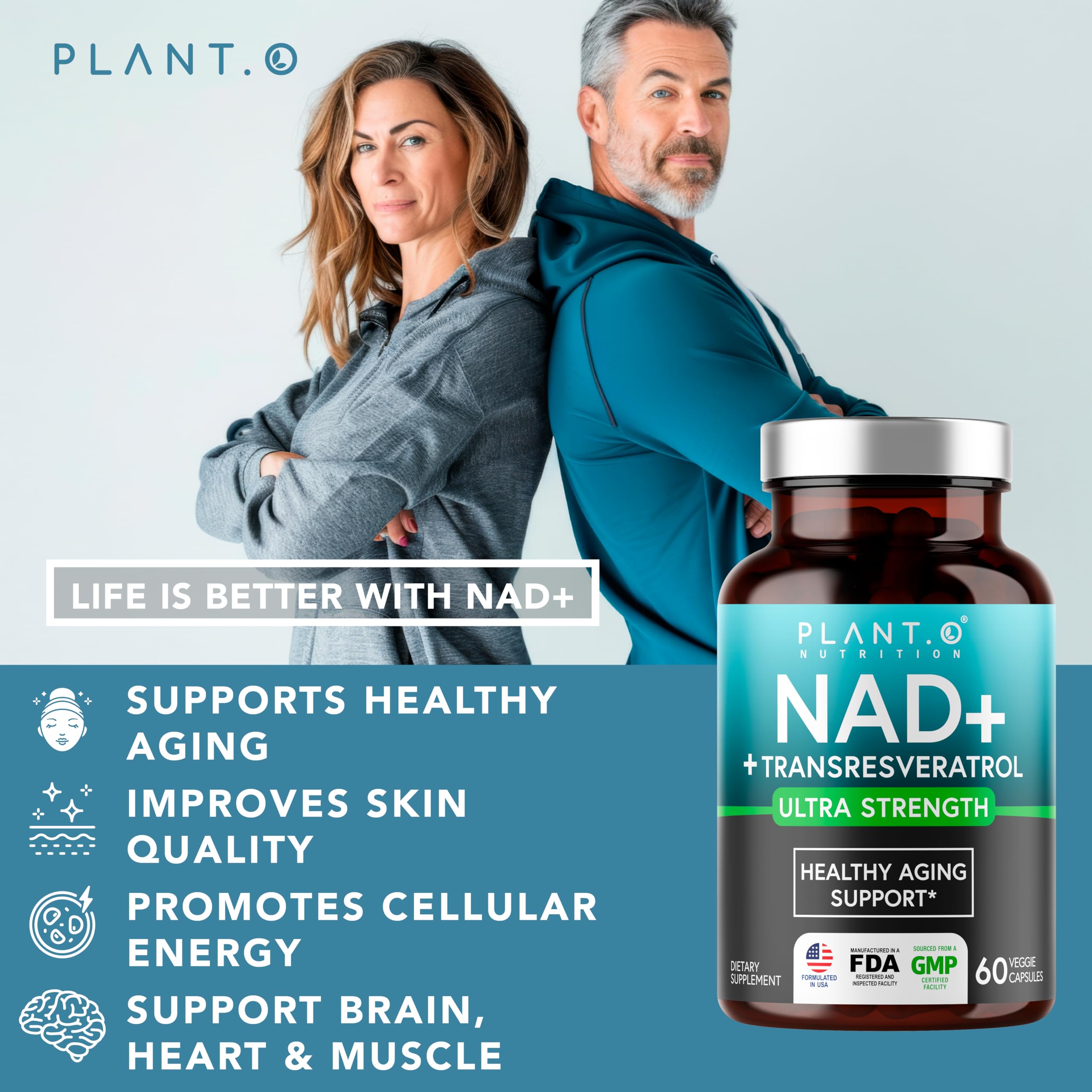 PLANT.O NUTRITION NAD+ label close-up highlighting purity.
