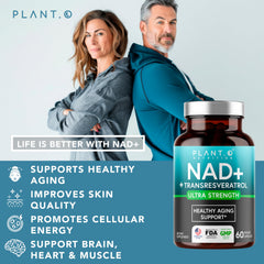 PLANT.O NUTRITION NAD+ label close-up highlighting purity.